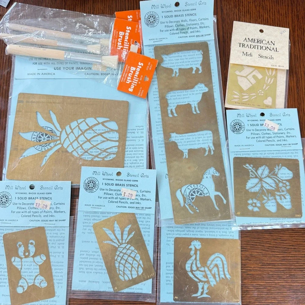 VTG Mill Wheel Solid Brass Stencil Lot Pineapple Rooster Farm Animals Brushes